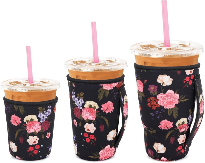 Snowso 3 Pack Iced Coffee sleeve Insulated Neoprene Cup Sleeves with handle For Cold Drinks Beverages, Reusable Cup Holder for 16oz-32oz Coffee Cups (Vivid Flowers) - Image 1